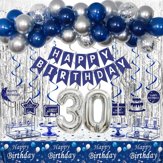 30th Birthday Decorations Blue and Silver 30th Birthday Party Decorations for Men Happy Birthday Banner 30th Birthday Balloons Tablecloth Fringe Curtain Hanging Swirls Birthday Party Supplies