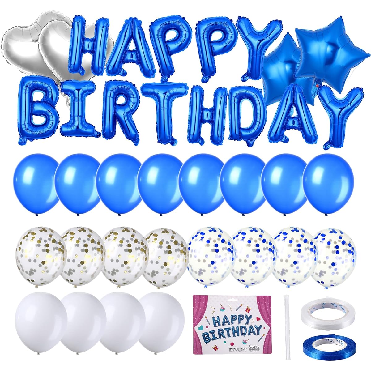 Happy Birthday Balloons Birthday Party Decorations White Blue Gold Confetti Balloons Kit for Boys Girls Men Women Birthday Party
