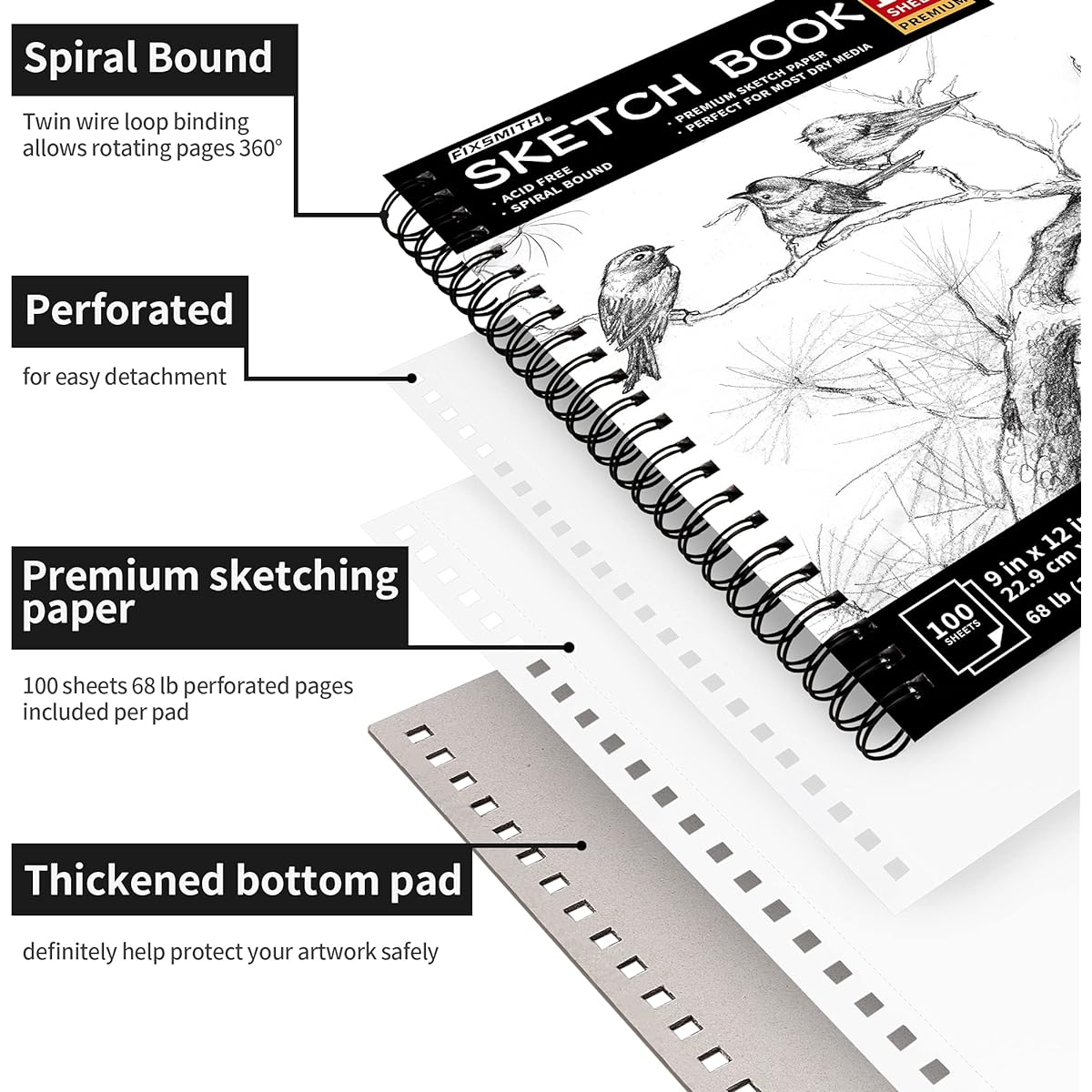 FIXSMITH 9" x 12" Sketchbook | 200 Sheets (70lb/100gsm) | 4 Packs (100 Sheets Each) | Durable Acid-Free Drawing Paper | Spiral Bound Sketch Pad for Beginners, Artists and Professionals | Bright White