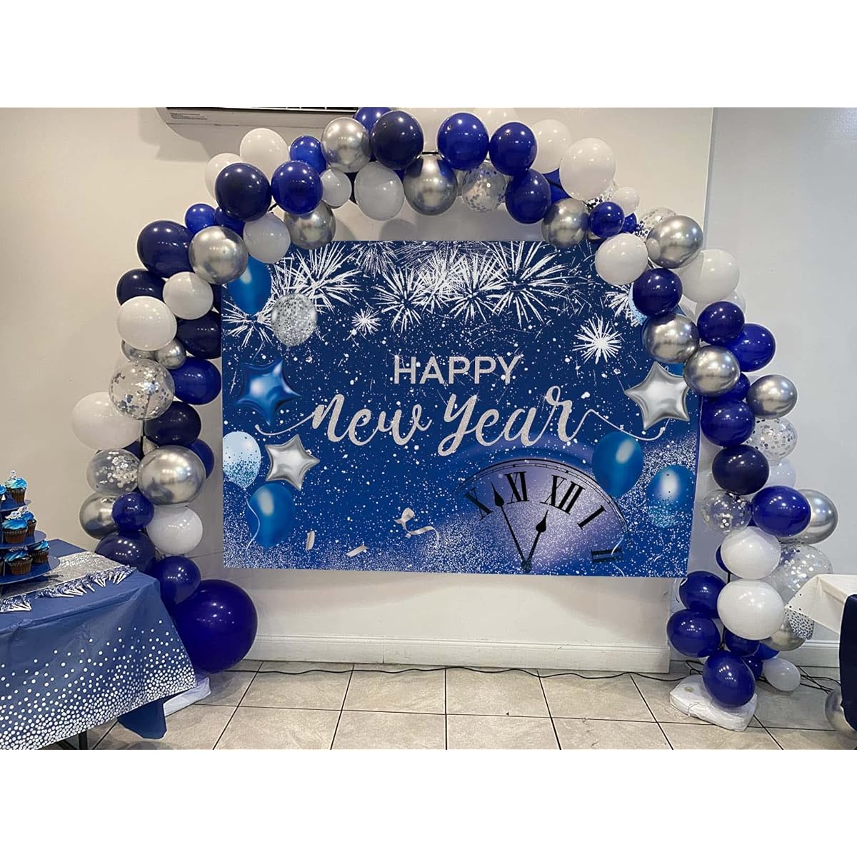 Blue Happy New Year Backdrop 2023 New Year's Eve Party Photography Backdrop Fireworks Navy Blue Silver Glitter Sequins New Year Party Decor Supplies Banner Gift Idea 7X5ft
