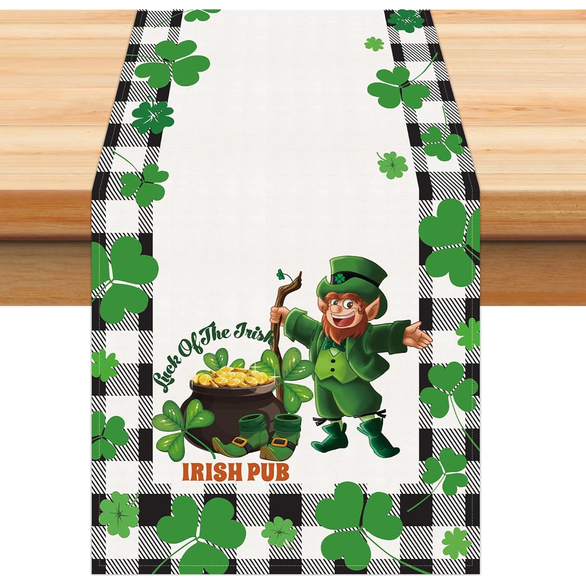 St. Patrick's Day Table Runner 13 x 72 Inch Buffalo Check Gnome Shamrock Burlap Irish Kitchen Dining Table Decoration Home Decor