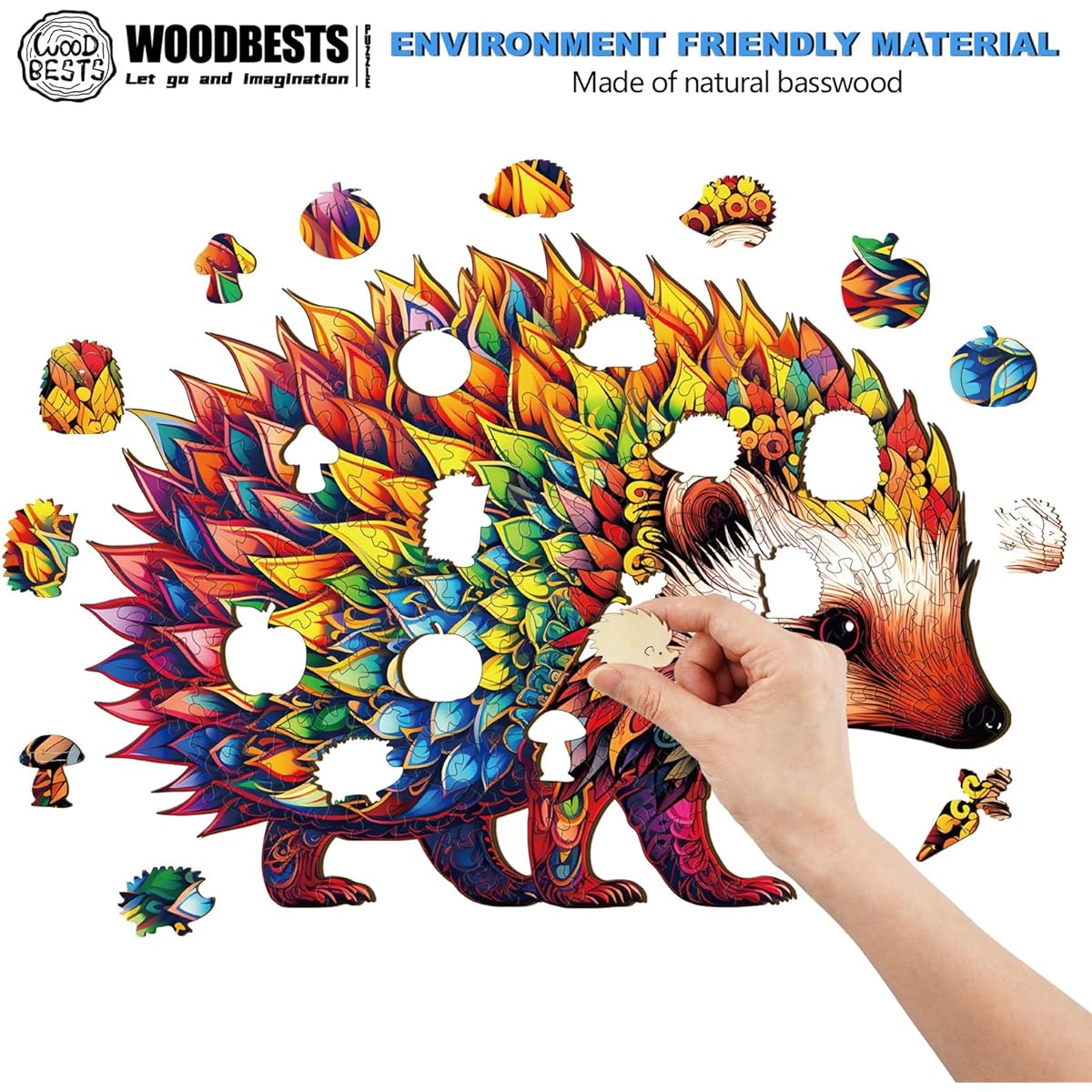 WOODBESTS Wooden Puzzles for Adults Cute Hedgehog Puzzle (M, 190 Pieces, 11.8"x8.6") Beautiful Wooden Box Wooden Jigsaw Puzzle Unique Shape Birthday Gift for Adults and Kids Family Game