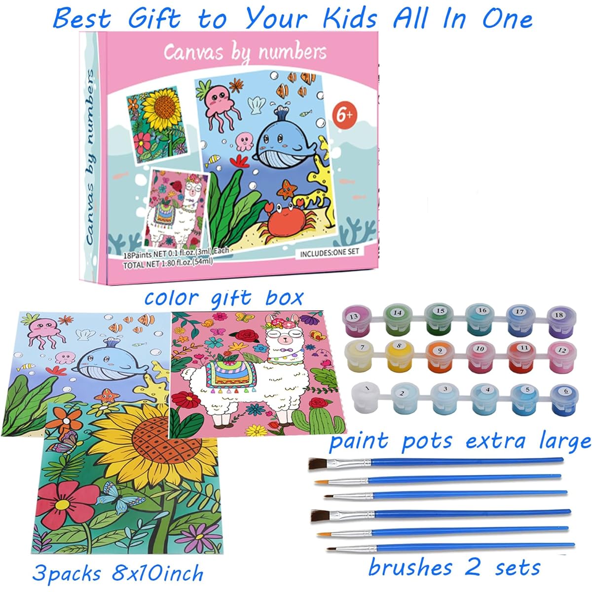 3 Pack Paint by Numbers Acrylic Oil Painting Kit for Kids Ages 8-12, Framed Canvas Size 8x10 Inch, 18 Acrylic Paint Pots, 6 Paint Brushes