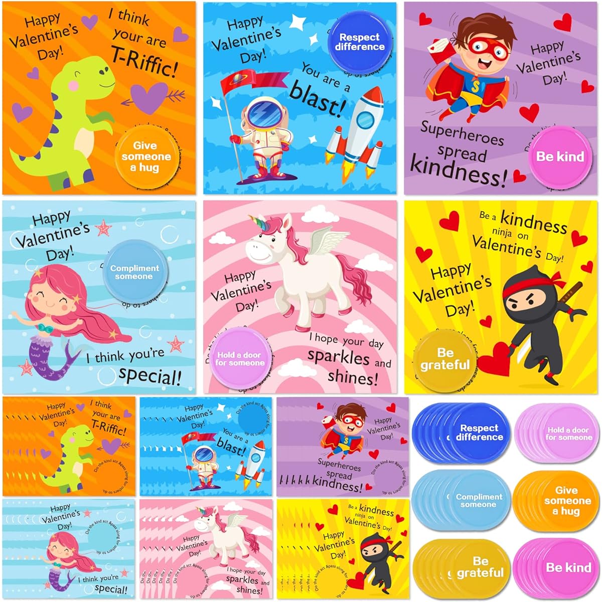 Valentine's Day Cards - 36 Pack Valentine Kindness Cards for Kids with Envelopes and Tokens - Valentine's Party Favors, School Classroom Giveaways and Exchange Gifts