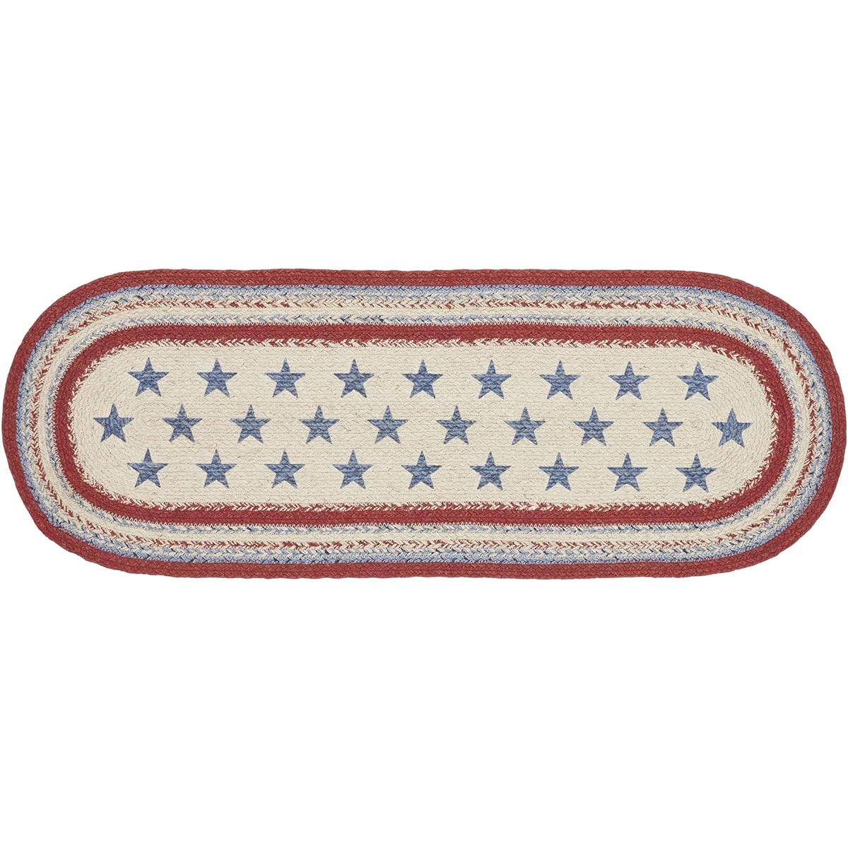 VHC Brands Celebration Farmhouse Jute Table Runner Oval Red Cream Blue 13x36