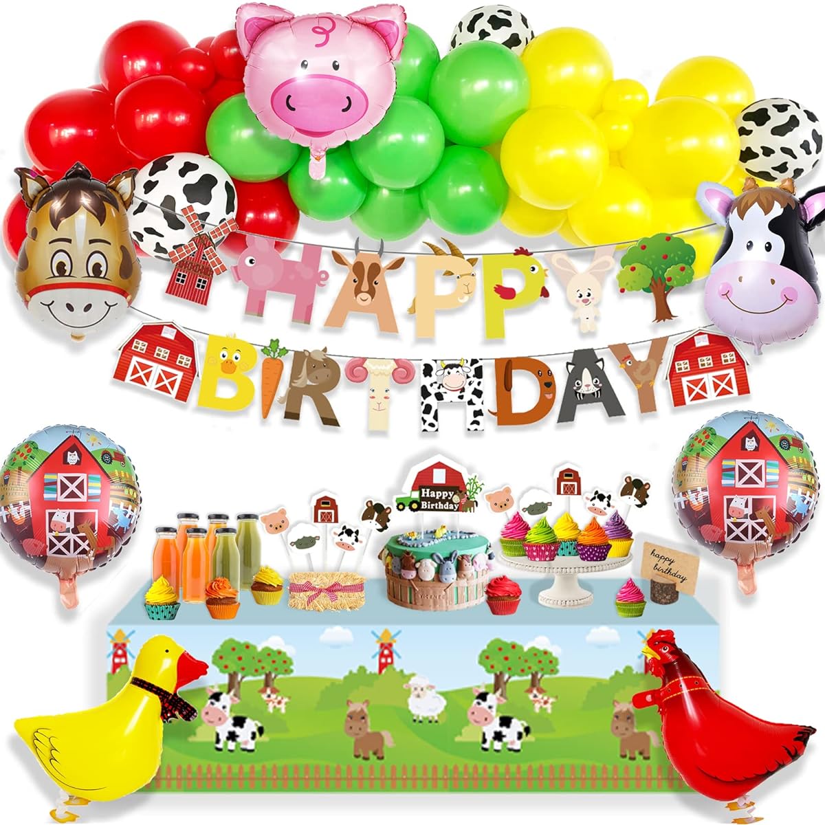 Hombae Farm Animal Birthday Party Decoration Supplies Kit Barn Banner Farm Animal Walking Balloon Cake Cupcake Topper Tablecloth for Kids