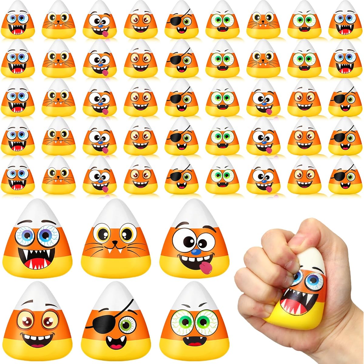 Meooeck 50pcs Mini Candy Corn Stress Relief Fidget Toys Halloween Party Favors Candy Stretch Balls Emotion Trick or Treat Supplies for Halloween Party Birthday Goodie Bag Fillers 6 Expressions