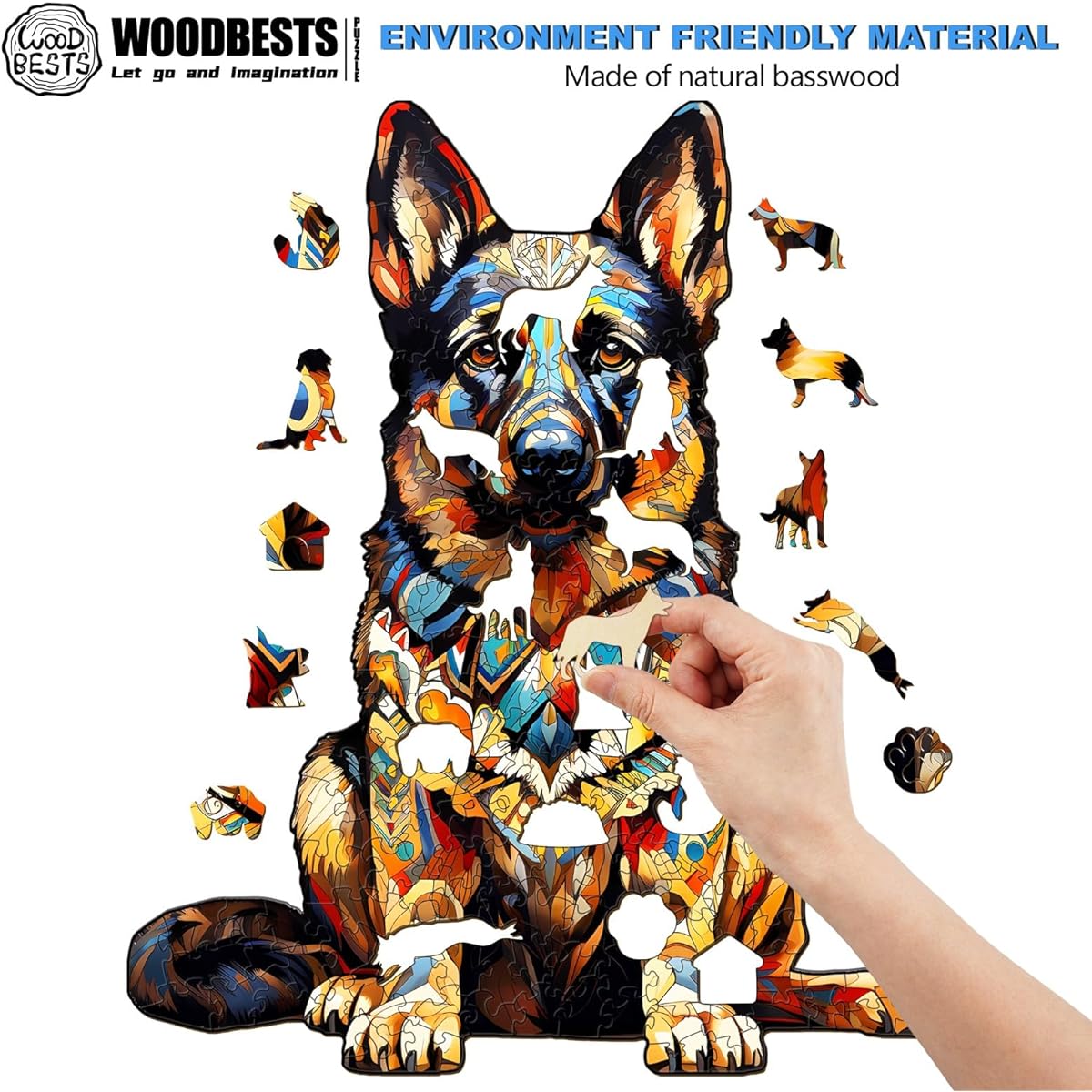 WOODBESTS Wooden Puzzle for Adults German Shepherd Puzzle (M, 180 Pieces 12.7"x10.5") Beautiful Wooden Box Wooden Jigsaw Puzzle Unique Shape Birthday Gift for Adults and Kids Family Game