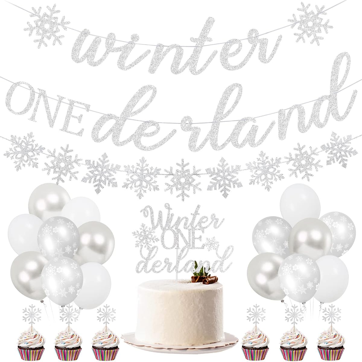 Winter Wonderland 1st Birthday Decorations, Winter Wonderland Snowflake Banner, Snowflake Cake Topper, Snowflake Balloons, Winter Wonderland Baby Girl Boy First Birthday Party Supplies