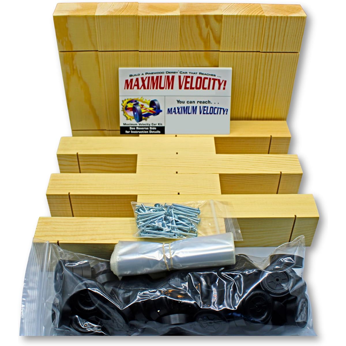 Maximum Velocity Derby Car Kit Bulk Pack (12) Pine Block Kit with Wheels & Axles Pine Wood Car Kit
