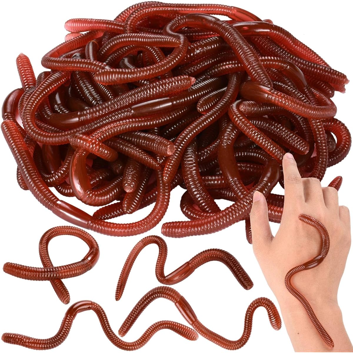 HLARTNET 50pcs Halloween Fake Worms Plastic Fake Earthworms Realistic Rubber Earth Worms Soft Stretchable Earthworm Trick Fishing April Fool's Party