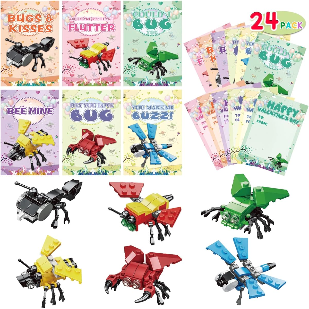 HYmoso Valentine Cards for Kids Classroom, 24 Pack Animal Building Blocks Valentines Day Gifts for Kids Classroom Replacement Pack for Kids Classroom School Valentines Day Gifts Party Favors