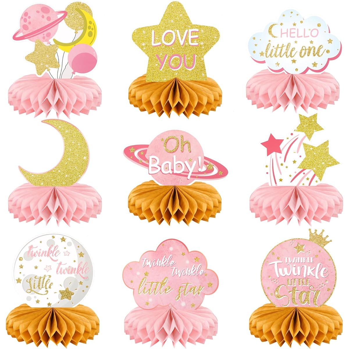 Konsait 9pcs Twinkle Stars Baby Shower Decorations for Girls Pink Stars Party Honeycomb Table Centerpieces Glitter Little Star Table Decorations Baby Shower Birthday Party Supplies