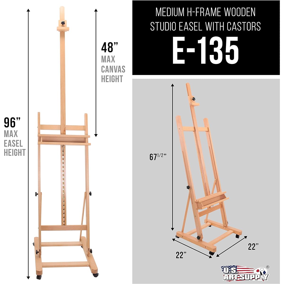 US Art Supply 70 to 96 inch Tall Adjustable Classic Hand-Finished Wood Studio Adjustable H-Frame Artist Easel by US Art Supply