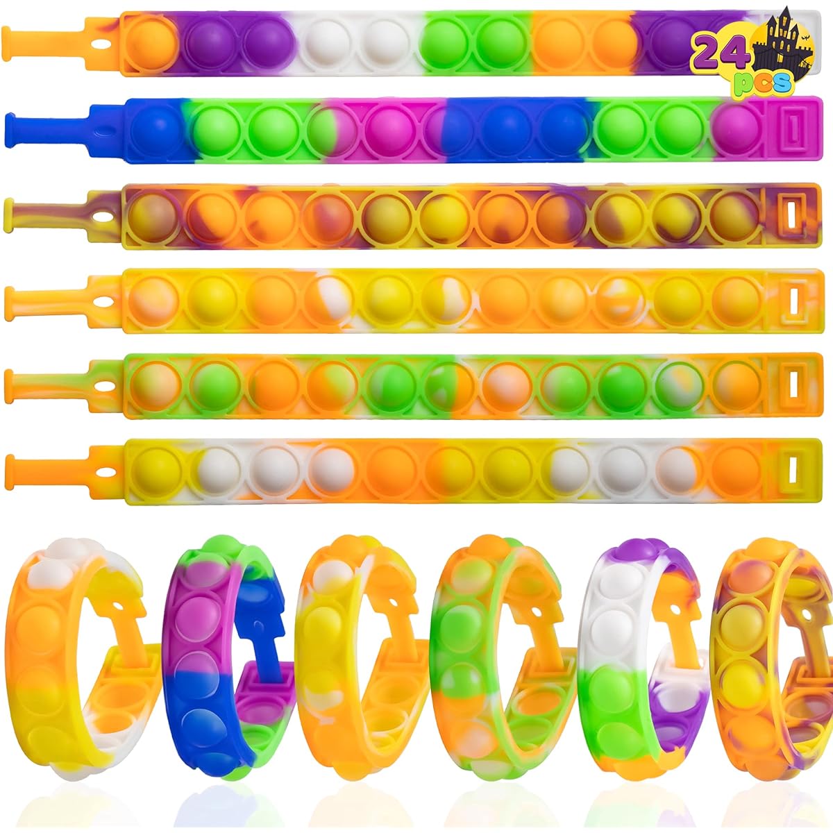 JOYIN Pop Fidget Toy Halloween It Bracelet Wearable Pop Bubble Sensory Toy Stress Relief Finger Press Silicone Wristband Halloween Party Favors Halloween Treat Bag Gift 24 Pieces