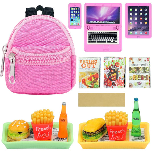 18INDC Doll Accessories 15Pcs Miniature Laptop Computer Tablet Cell Phone Mini Backpack Mini Food Burger Soda Set and Burger Hot Dog Set Gourmet Magazine for 11.5" Dolls