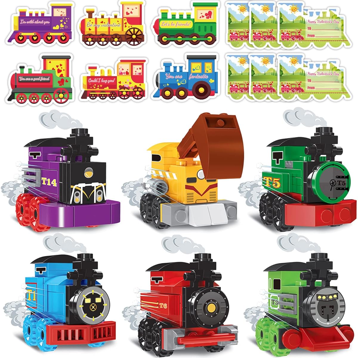 gisgfim 24 Pieces Valentine's Day Cards with Train Building Blocks for Kids Valentine's Day Greeting Cards Valentine Gift Exchange Cards for Girls Boys School Classroom Giveaways Party Favors Toys