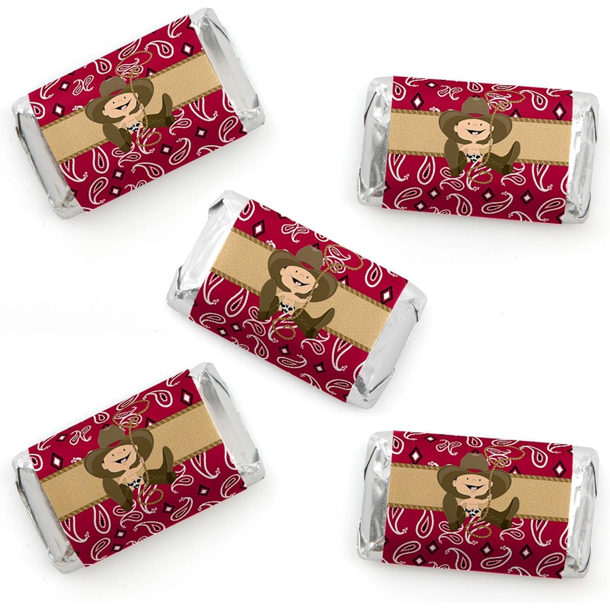 Little Cowboy - Mini Candy Bar Wrapper Stickers - Small Favors for Western Baby Shower or Birthday Party - 40 Sheets
