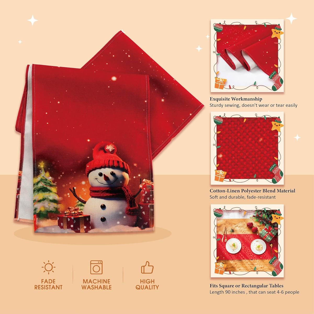 MUWOOB Christmas Table Runner 13x90 Inch Snowman Tree Snowflake Seasonal Winter Christmas Holiday Kitchen Dining Table Decor Indoor Outdoor Home Party Decoration