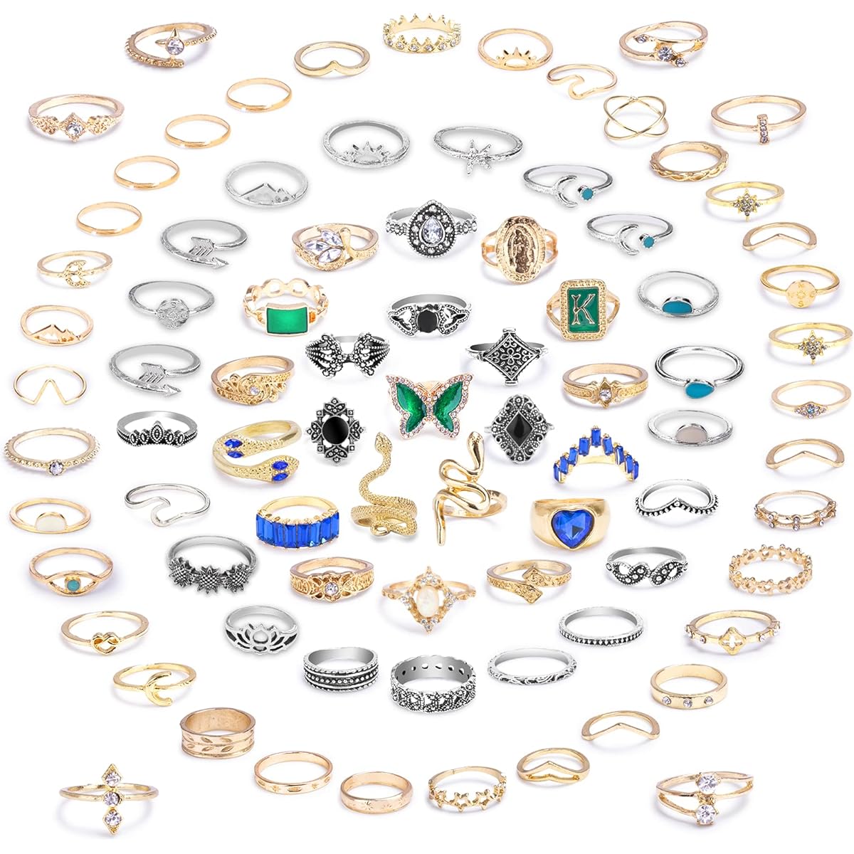84 Pieces Boho Retro Stackable Rings Set for Teen Girls, Silver Rose Gold Vintage Knuckle Rings Aesthetic Joint Finger Midi Rings Butterfly Snake Crystal Punk Stacking Rings Pack