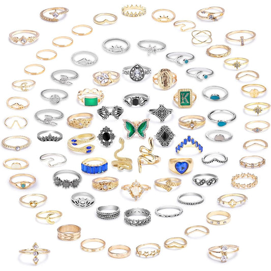 84 Pieces Boho Retro Stackable Rings Set for Teen Girls, Silver Rose Gold Vintage Knuckle Rings Aesthetic Joint Finger Midi Rings Butterfly Snake Crystal Punk Stacking Rings Pack