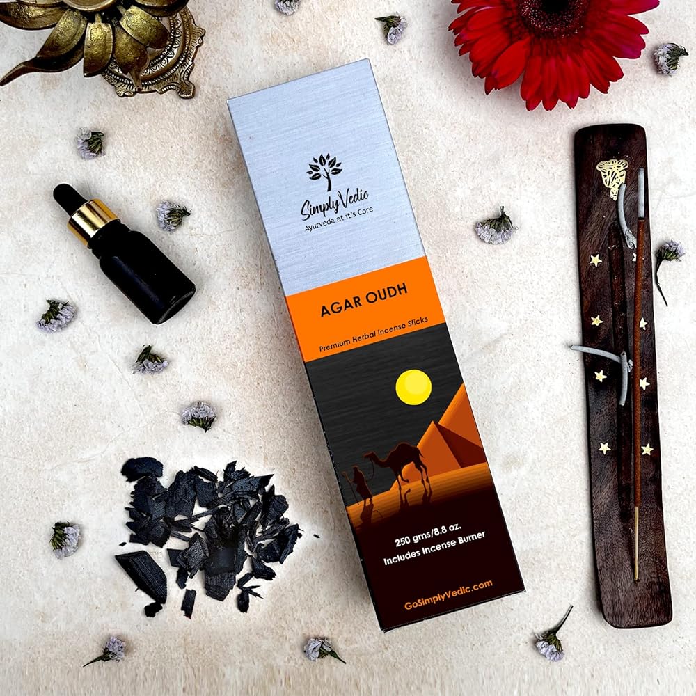 Simply Vedic AGAROUDH Premium Incense Agarwood 250g/8.8oz (Approx. 135 Charcoal Free): Free Wooden Holder: Meditation, Yoga, Spiritual Healing, Prayer, Aromatherapy Energy Cleansing