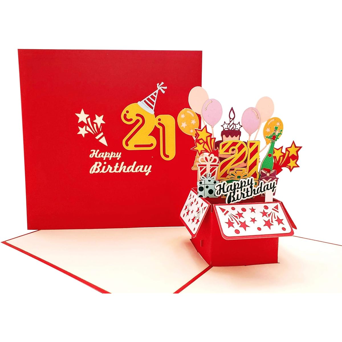 iGifts And Cards Happy 21st Red Birthday Party Box 3D Pop Up Greeting Cards - 21st Cute Congratulations Unique Celebration Feliz Cumpleaños Balloon Gift Present