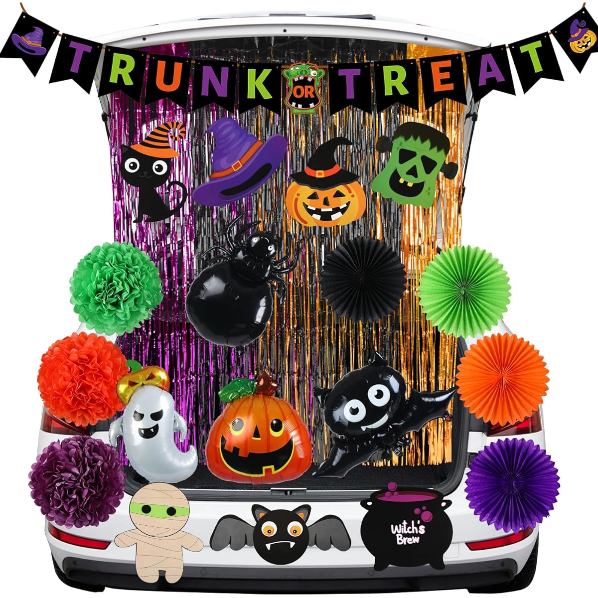 Fulmoon 22 Pcs Halloween Trunk or Treat Car Decoration with Trunk or Treat Banner Paper Fan Metallic Tinsel Halloween Balloon Foil Set Sticker for Car Archway Garage Decor Car SUV Truck