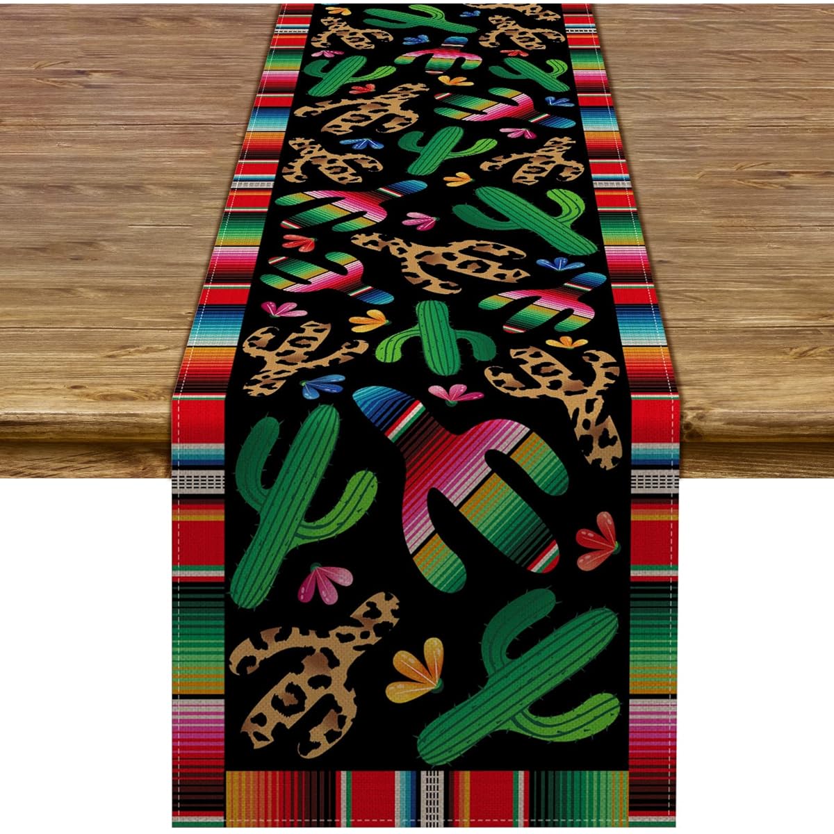 Pudodo Cinco de Mayo Table Runner Mexican Fiesta Serape Leopard Print Cactus Holiday Party Kitchen Dining Home Decor