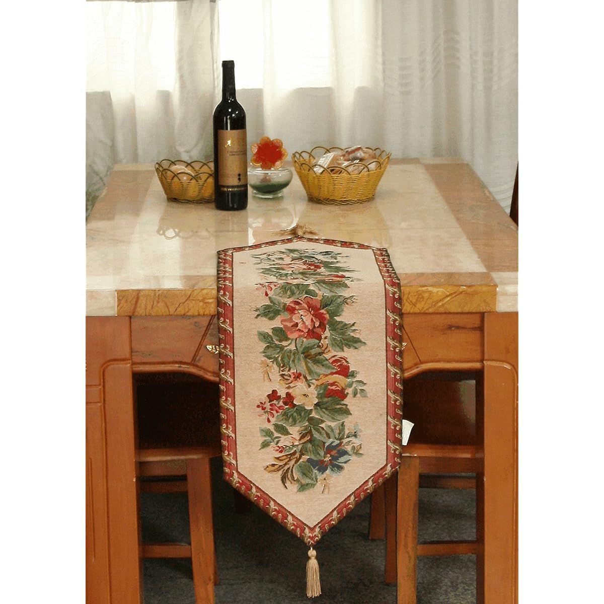 Red Floral Tapestry Table Runner Tache Yuletide Blooms Woven Cottage Tapestry Cover 13 x 90 Inch