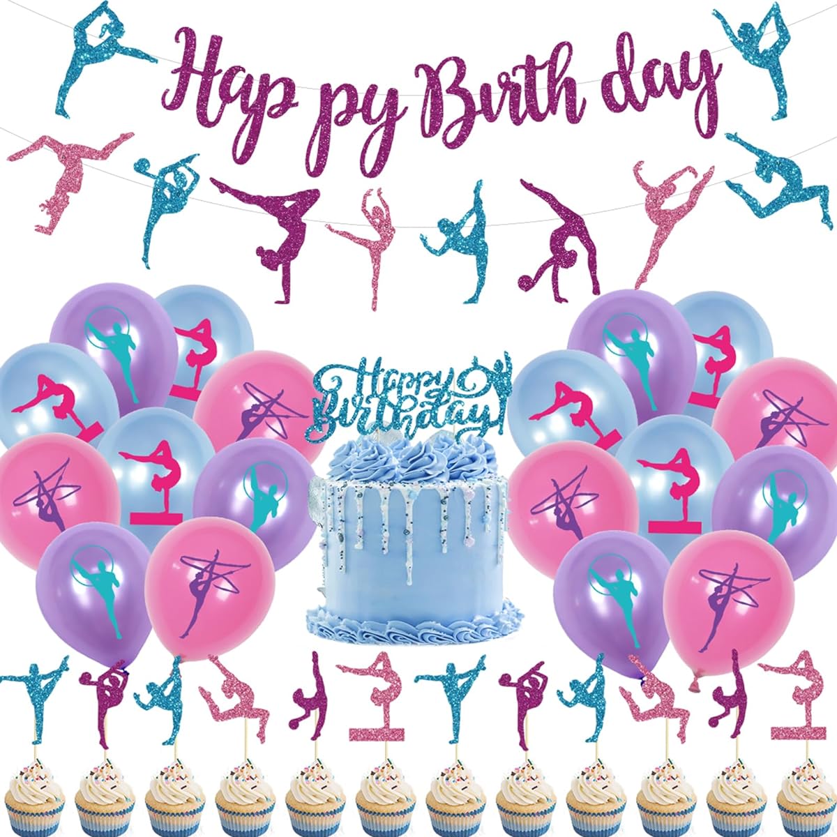 Gymnastics Party Supplies 32pcs Birthday Party Decorations Banner Cupcake Toppers Balloons for Boys/Girls Baby Shower Birthday Party