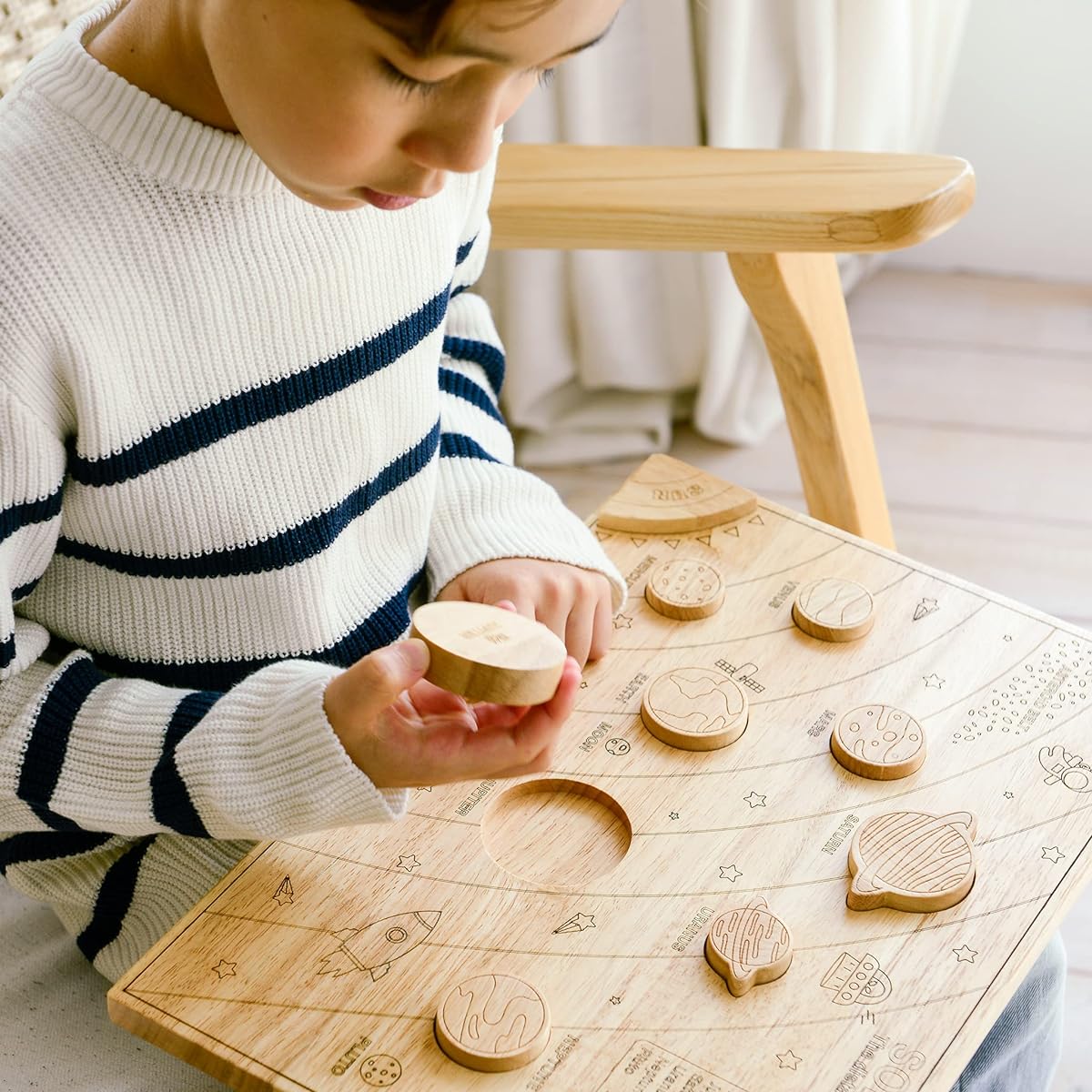 BLUE GINKGO Solar System Model Board - Wooden Science STEM Montessori Toys for Kids Ages 3-8 with Detachable Planets - Space Themed Educational Puzzle Game Toy Gift for Boys and Girls (16 x 11 Inch)