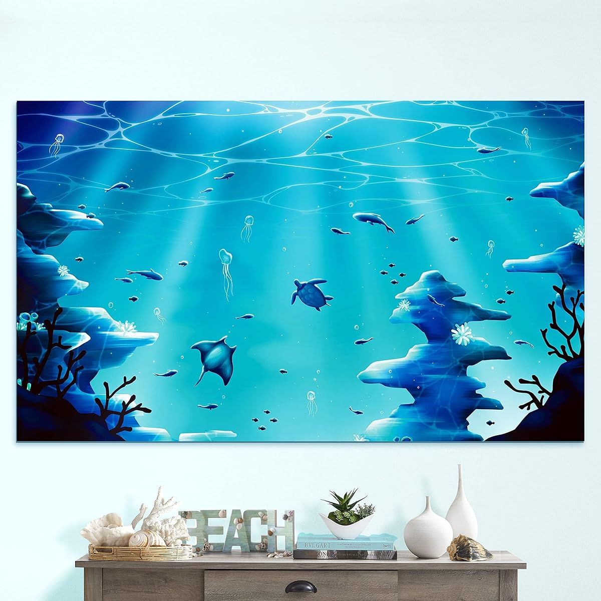 5x3ft Fabric Blue Under The Sea Backdrop Ocean Party Decorations Baby Shark Little Mermaid Sea Animals Party Banner Kids Birthday Baby Shower Photo Booth Hanging Background