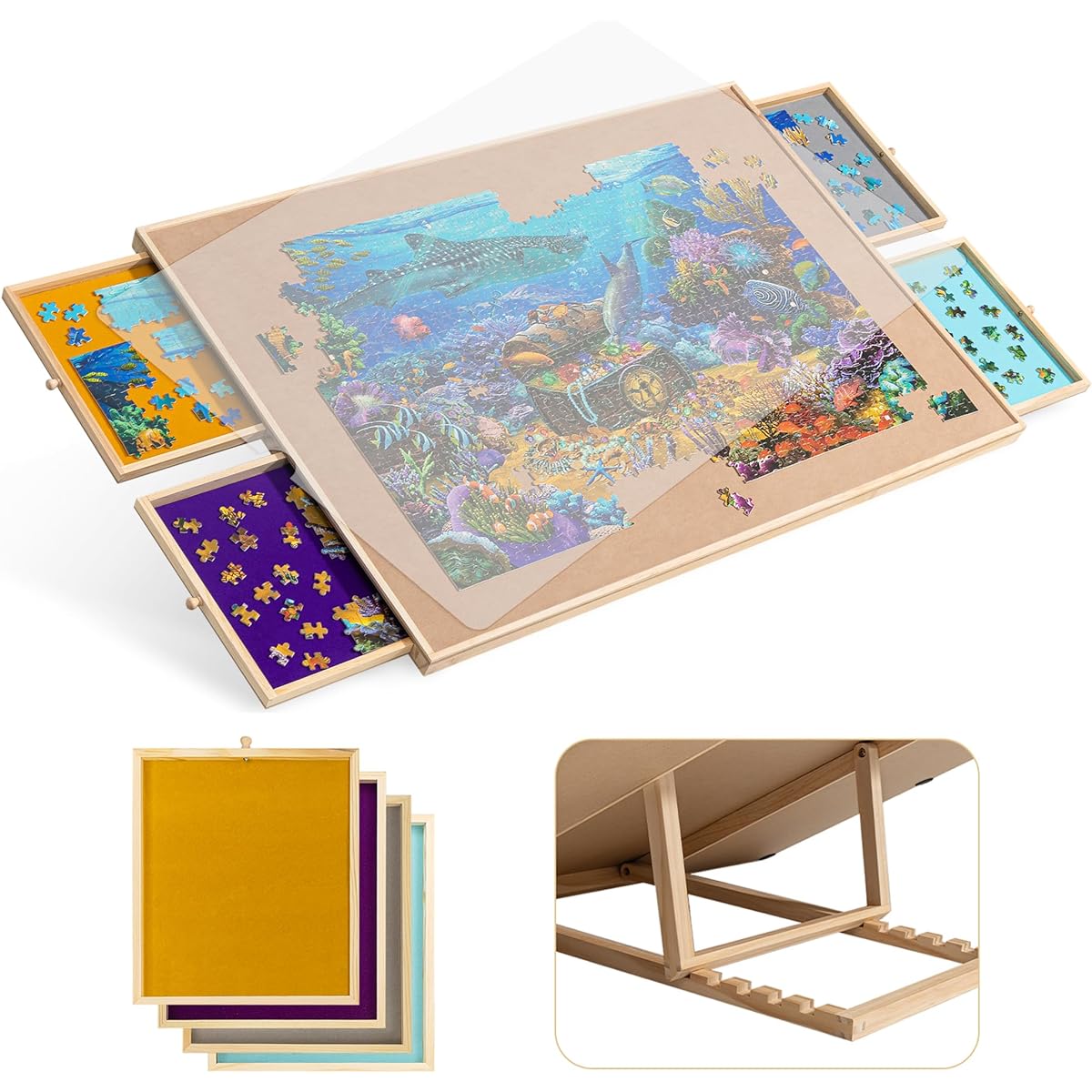 Becko US 1500 Piece Tilted Jigsaw Puzzle Board with 4 Colorful Drawers and Cover, Adjustable Puzzle Table, Built-in Easel/Stand, Portable Table with Storage for Adults, Premium Flannel Tabletop