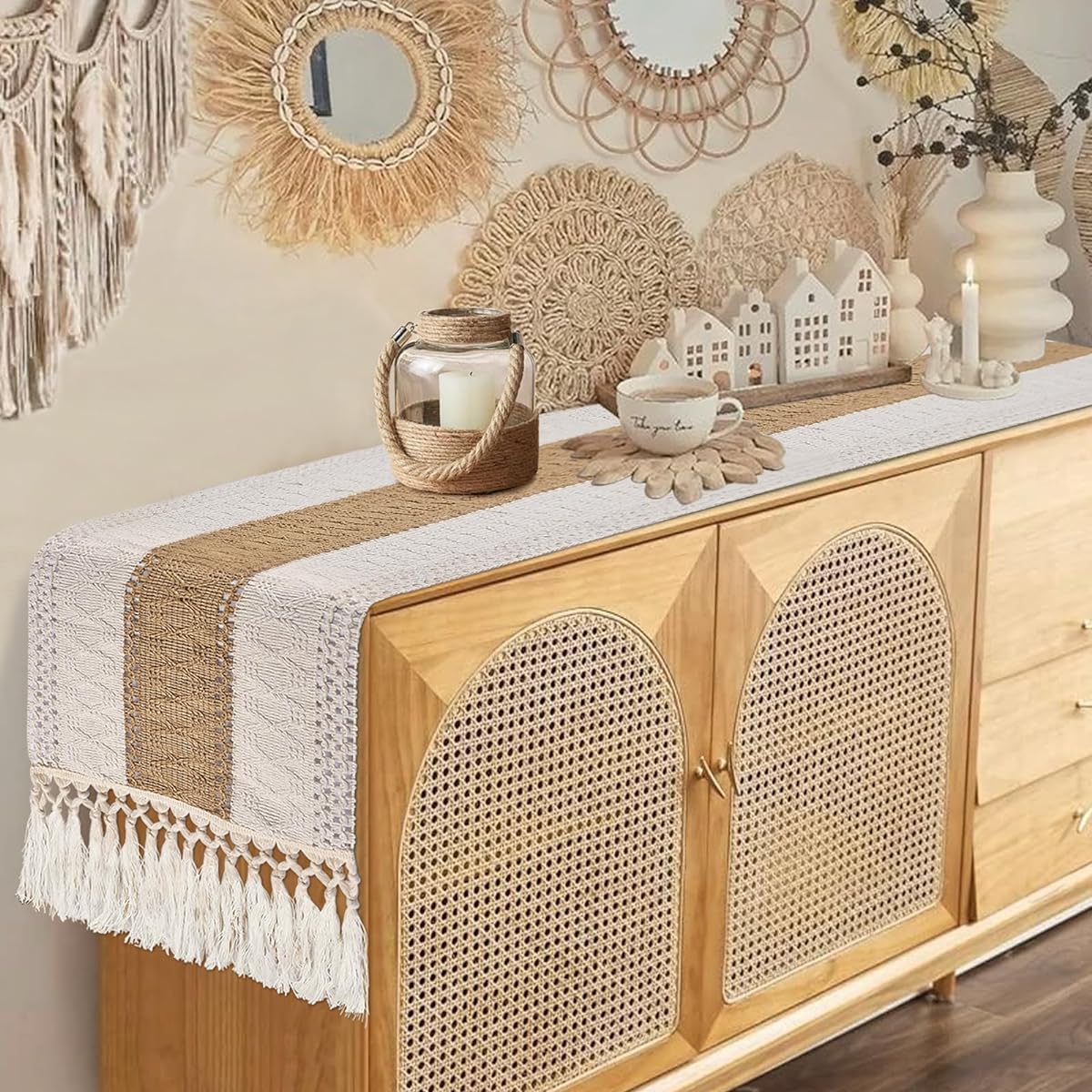 tiosggd Boho Table Runner Home Decor 72" Long Brown Coffee Table Cover with Tassels Dresser Runner with Topper for Kitchen Bedroom Farmhouse Rustic Bridal Shower Fall Table Decor