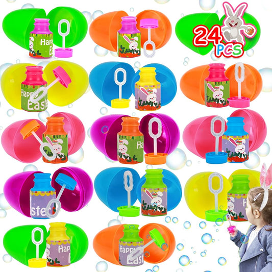 24 Prefilled Easter Eggs with Bubble Wands for Boys and Girls, Easter Basket Stuffers, Large Plastic Easter Egg Hunt Game, Goodie Bag Fillers, Toddler Kids Easter Gifts, Party Favors, Bubbles Bulk Toys