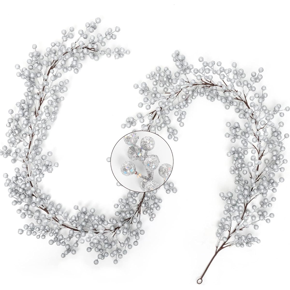Silver Berry Garland Christmas Decorations - 8ft Artificial Red Berry Garland with Bendable Stem for Holiday Fireplace Stairs Table Decorations