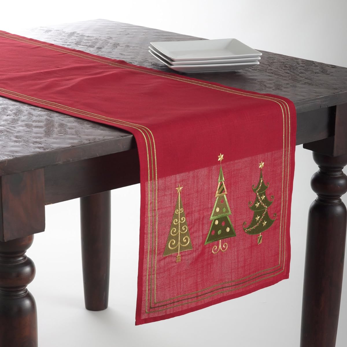 Red Holiday Table Runner with Embroidered Christmas Trees, 16" x 70" Inches