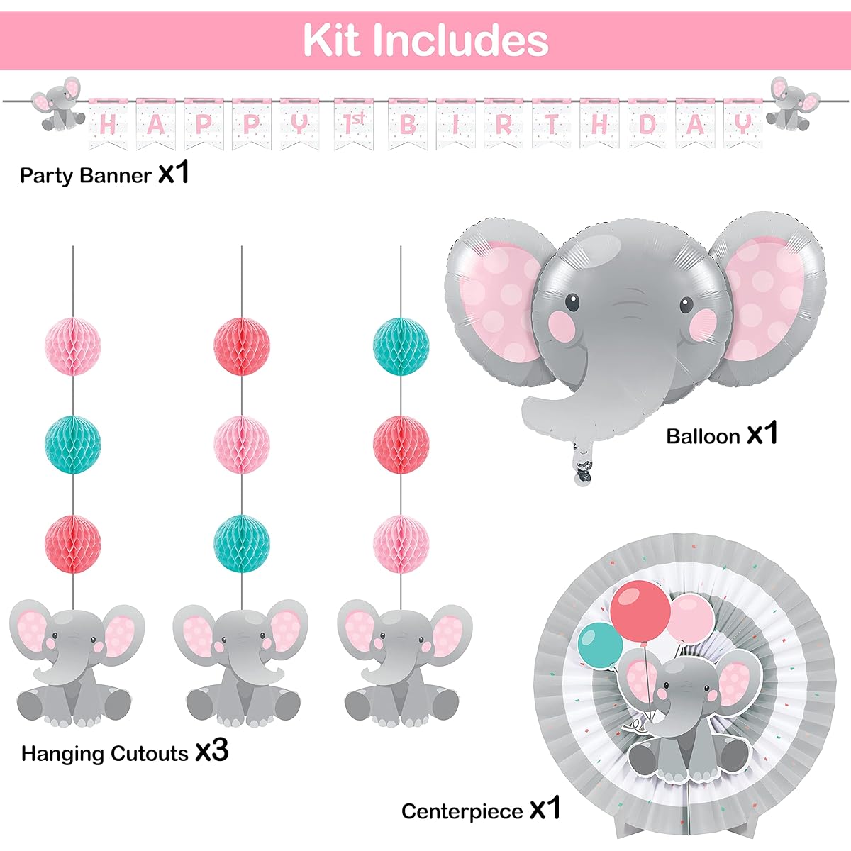 Enchanting Elephant Girls Birthday Party Decorations Kit