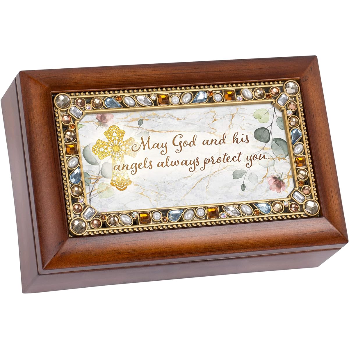 Cottage Garden May Him & His Angels Protect You Woodgrain 7 x 4 MDF Wooden Music Box Curved Amazing Grace