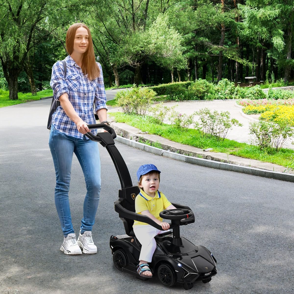 OLAKIDS 3-in-1 Push Car Licensed Baby Slide with Universal Wheels, Removable Handle and Guardrail, Toddler Walking Toy with Music, Under Seat Storage (Dark)
