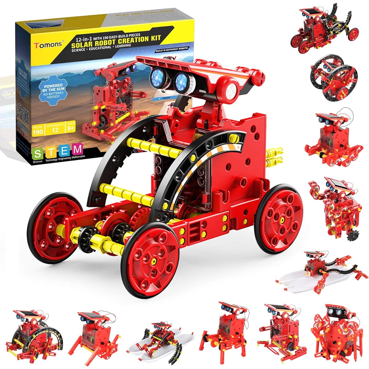 Tomons Solar Robot Kit, 12-in-1 Science STEM Robot Kit Building Toys for Kids Ages 8-12+, DIY Science Experiment Robot Toys for Boys, Solar Powered, Red