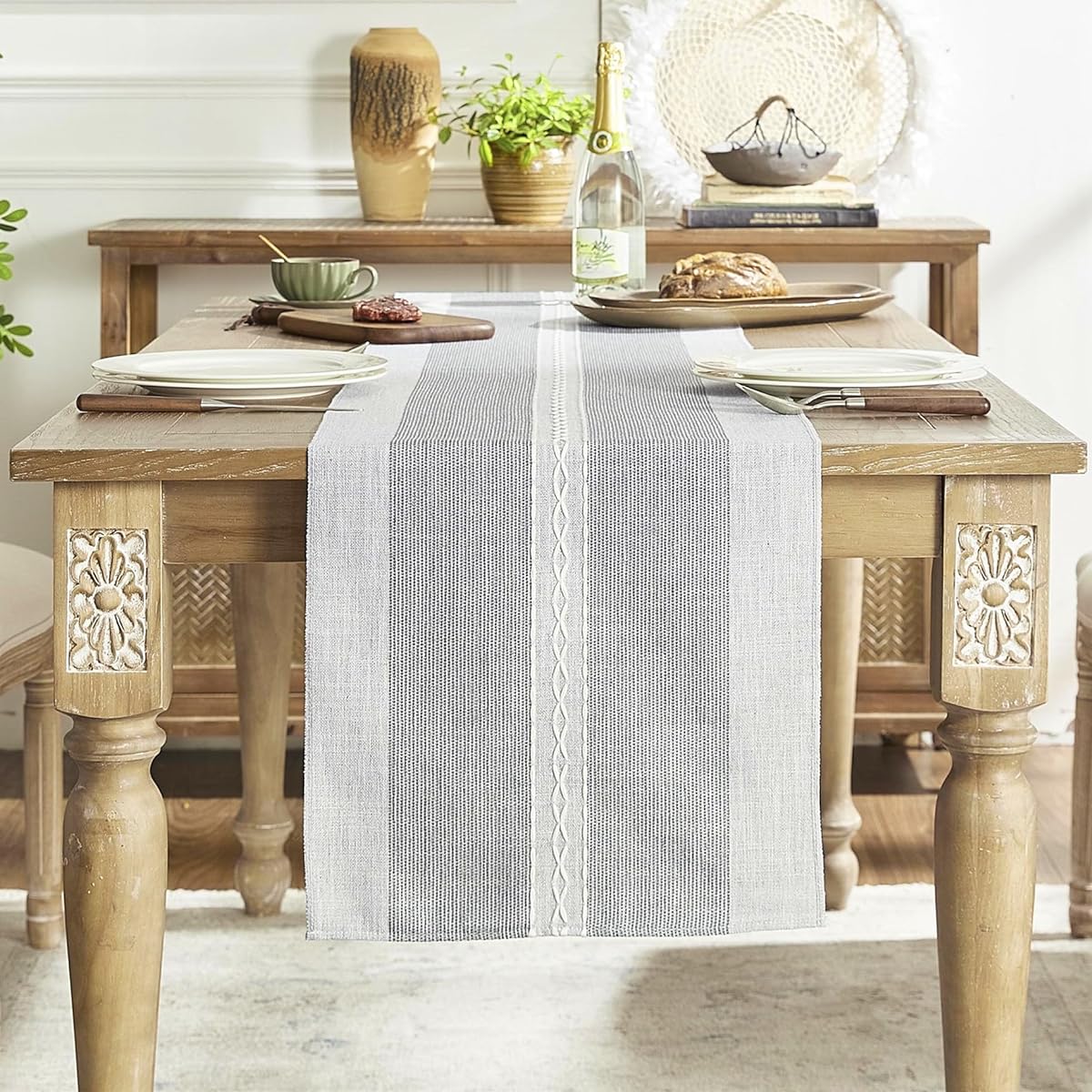 Cstalstal Farmhouse Linen Table Runner Tassel Embroidery Table Runner for Holiday Party Dresser Dining