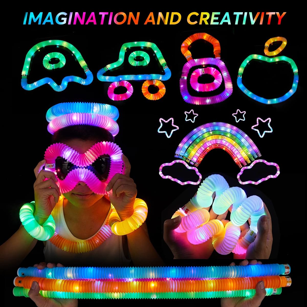 Glow in the Dark Party Supplies 48pcs Light Up Glow Sticks - LED Pop Tubes Glow Tubes Sensory Toys Birthday Glow Party Favors for Kids Light Up Toys Goodie Bag Stuffers Gift Prizes (48pcs)