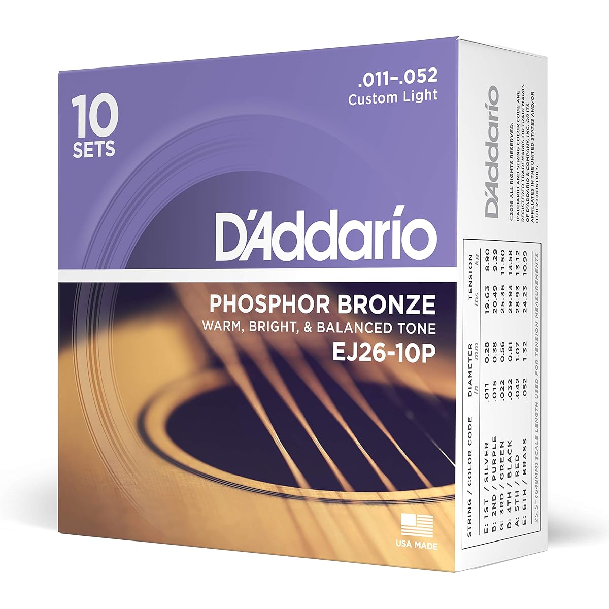 D'Addario Phosphor Bronze Custom Light Acoustic Guitar Strings .011-.052 EJ26-10P Pack of 10 [Official Japanese Product]