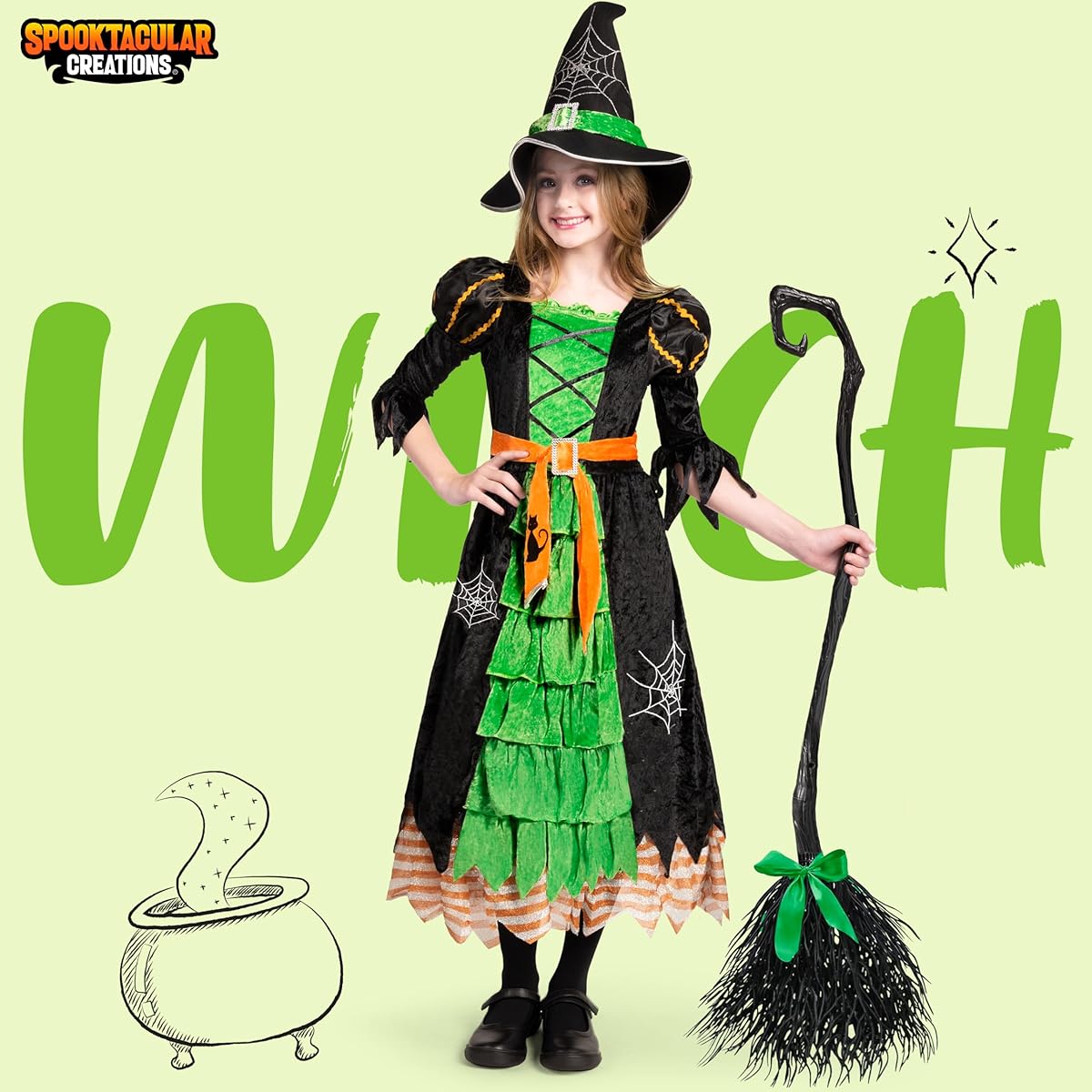 Fairy Tale Green Cute Witch Dress Halloween Costume Deluxe Set with Hat for Girls