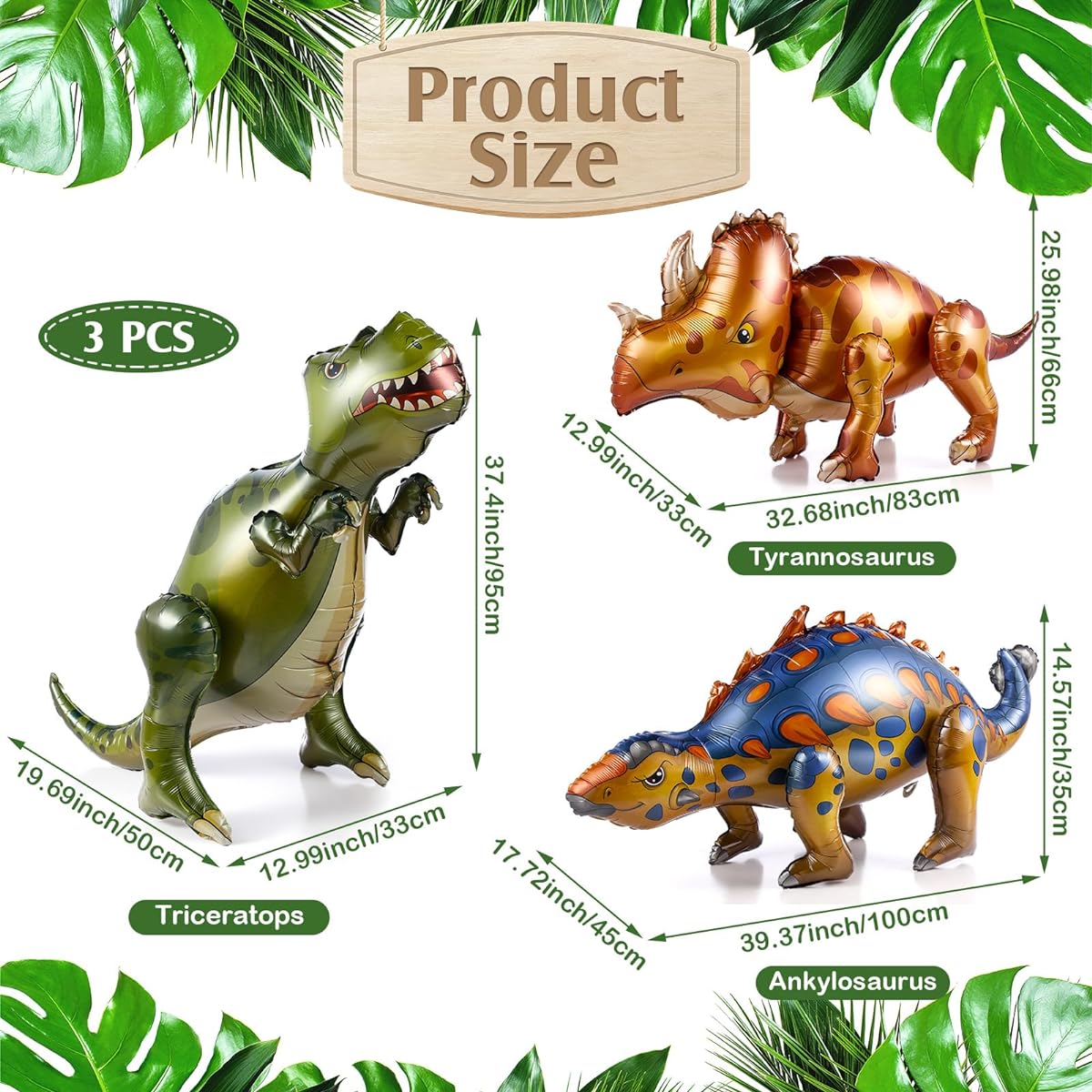 Silipull Giant 4D Dinosaur Balloons Inflatable Cute Freestanding Dinosaur Balloons Aluminum Dinosaur Foil Balloons for Kids Adults Jungle Dinosaur Theme Baby Shower Birthday Party Decoration Gift Supplies Set of 3