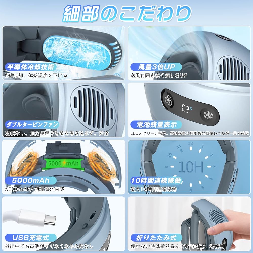 "Summer 2023 Improved" Neck Cooler, Cooling Plate, Neck Fan, Foldable, Instant Cooling, Neck Fan, No Blades, Powerful, Neck Cooler, USB Rechargeable, 5000mAh, Long Continuous Operation, Heat Stroke Prevention (Blue)