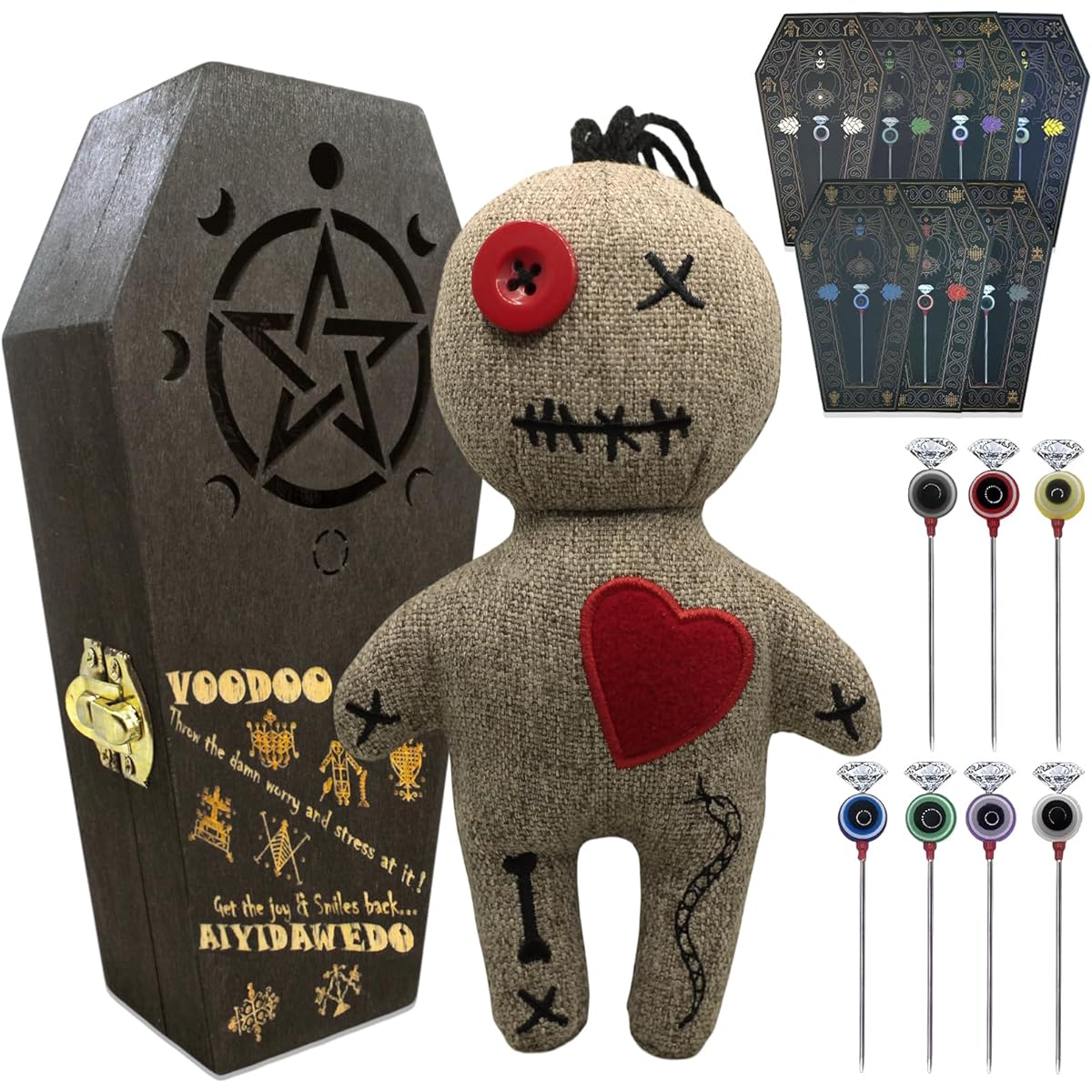 Ayidawedo Authentic LOA Voodoo Doll, Stress Relief Spell Cards, Gag Gift Pins in Wooden Coffin Box - Complete Set, Brown