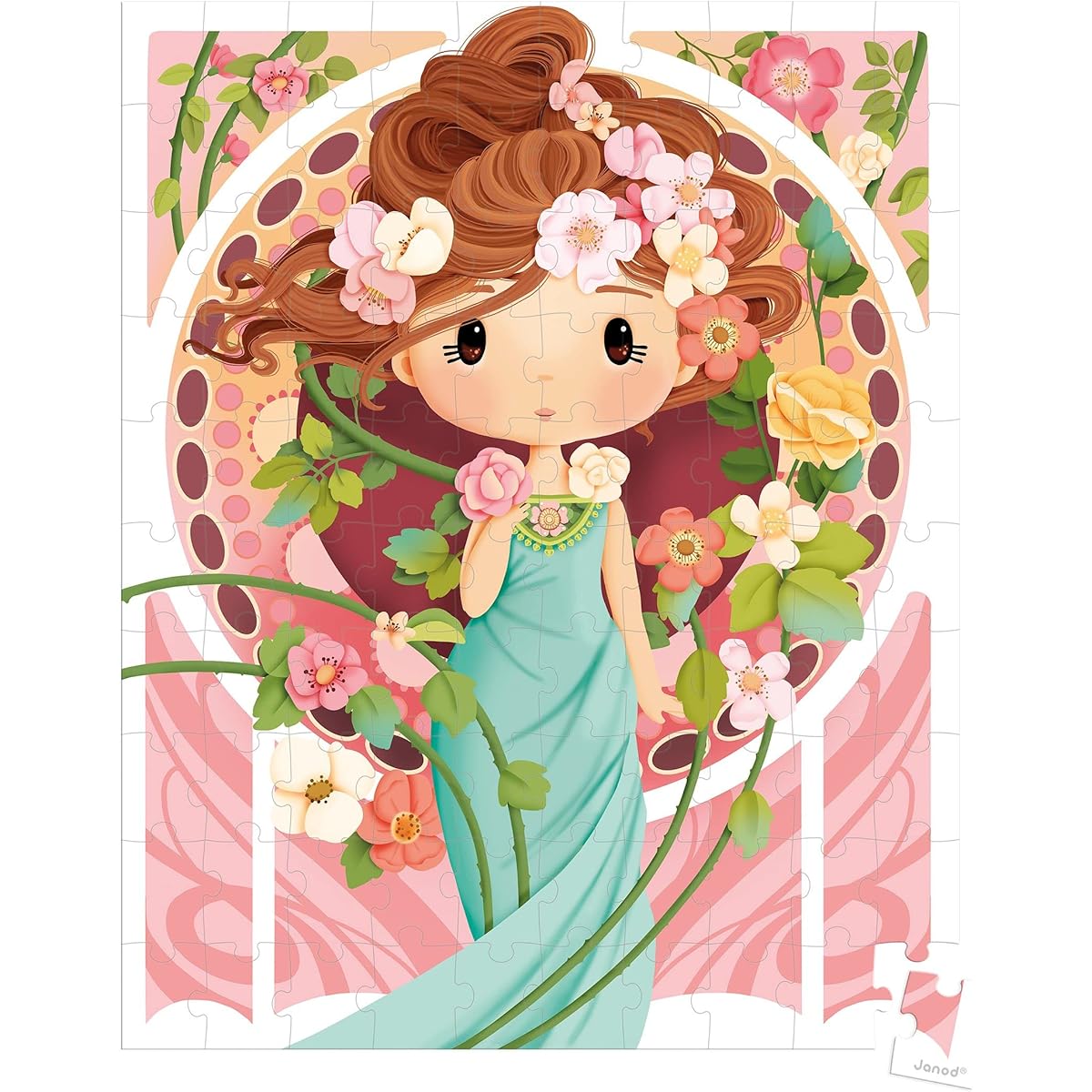 Janod 100 Piece Jigsaw Puzzle for Kids, Mucha Inspired Gift Carry Case with Fabric Handles, Classic Art Collection, Ages 6-10, J02529